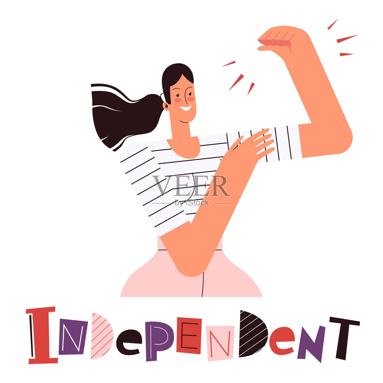 一个女人卷起袖子，展示她的力量。一个坚强独立的女人的概念插画图片素材