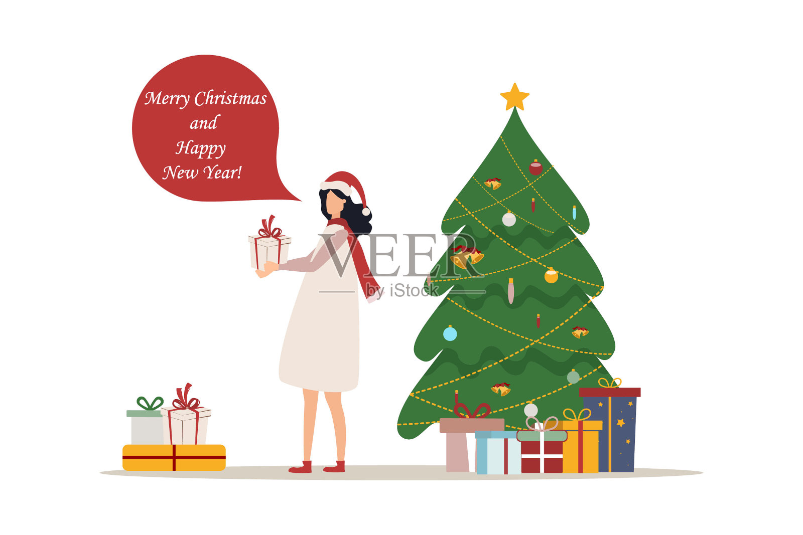 一位女士站在圣诞树和礼物旁，背景带有“圣诞快乐，新年快乐”字样，新年背景矢量素材插画图片素材