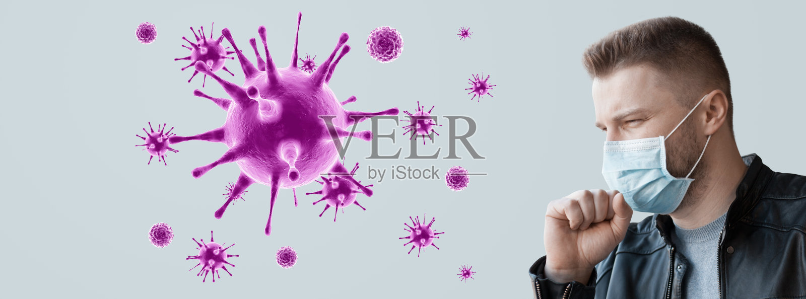 一个戴医用口罩的年轻人的肖像。保护世界。照片摄影图片