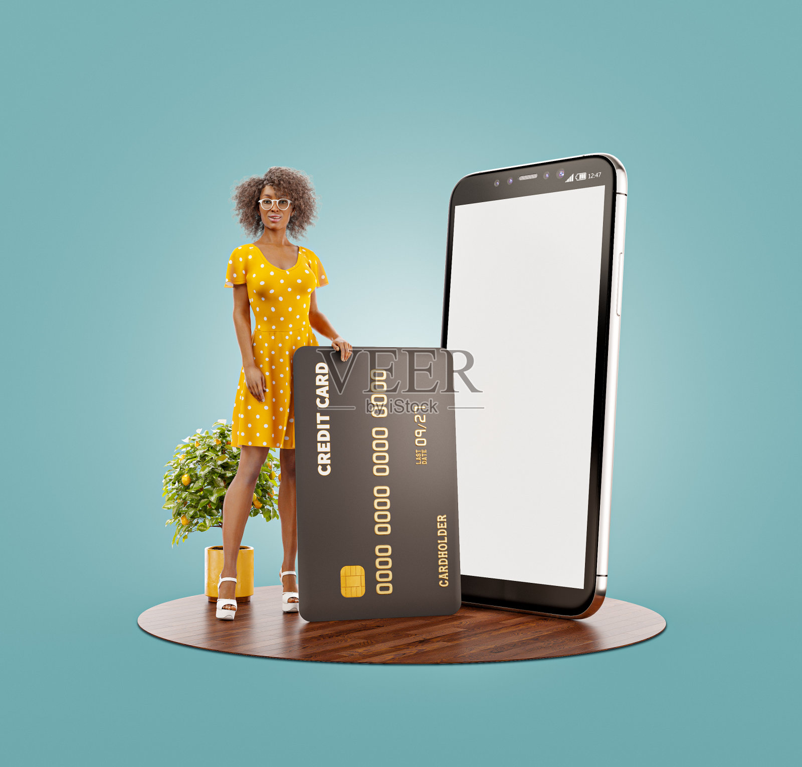 微笑的年轻女性，在她的家里有信用卡。照片摄影图片