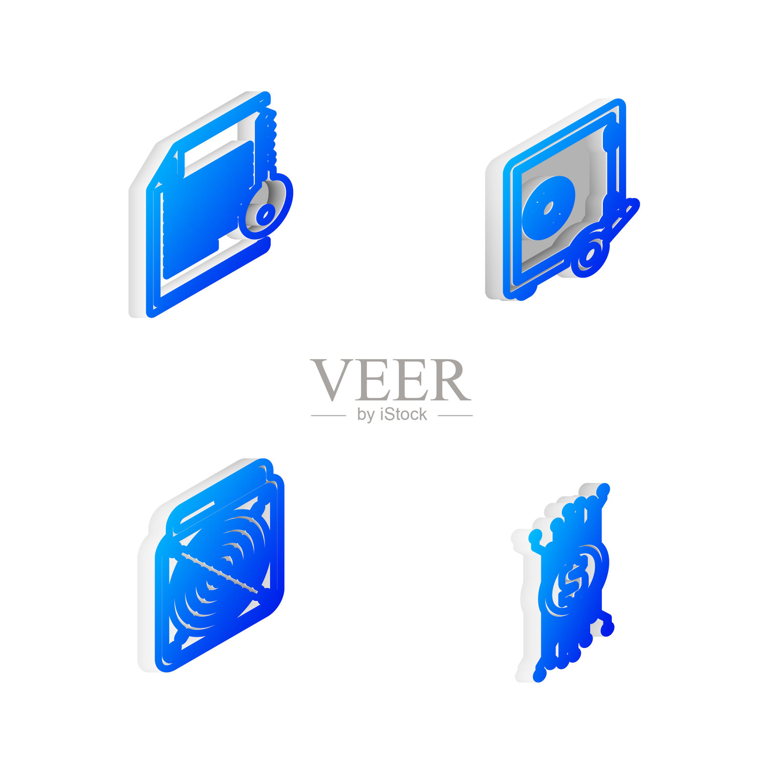 设置等距线权益证明，智能合约，ASIC矿工和加密货币比特币电路图标。向量图标素材