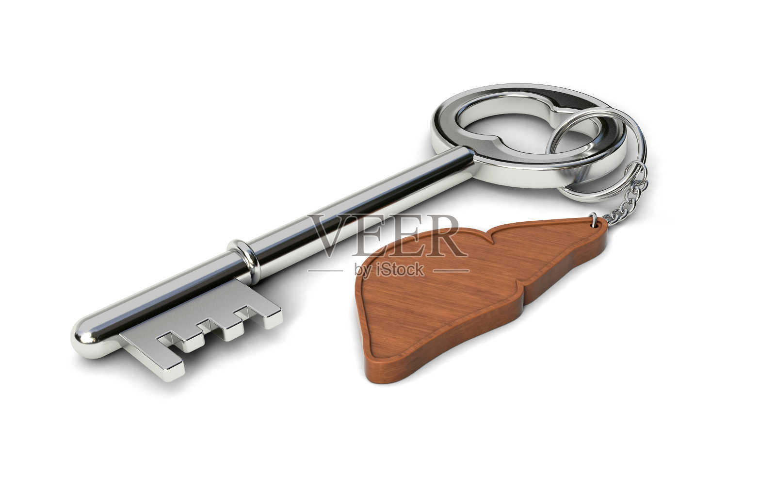 金属钥匙与木制肝脏形状的钥匙链隔离在白色的背景。肝脏的概念。3 d演示。照片摄影图片