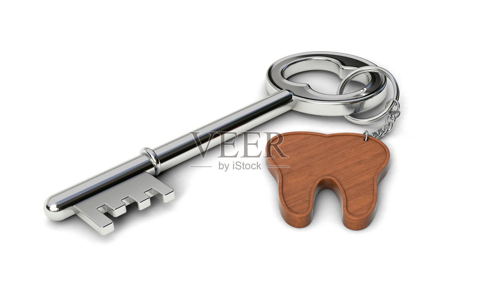 金属钥匙与木齿形状的钥匙链隔离在白色背景。牙的概念。3 d演示。照片摄影图片