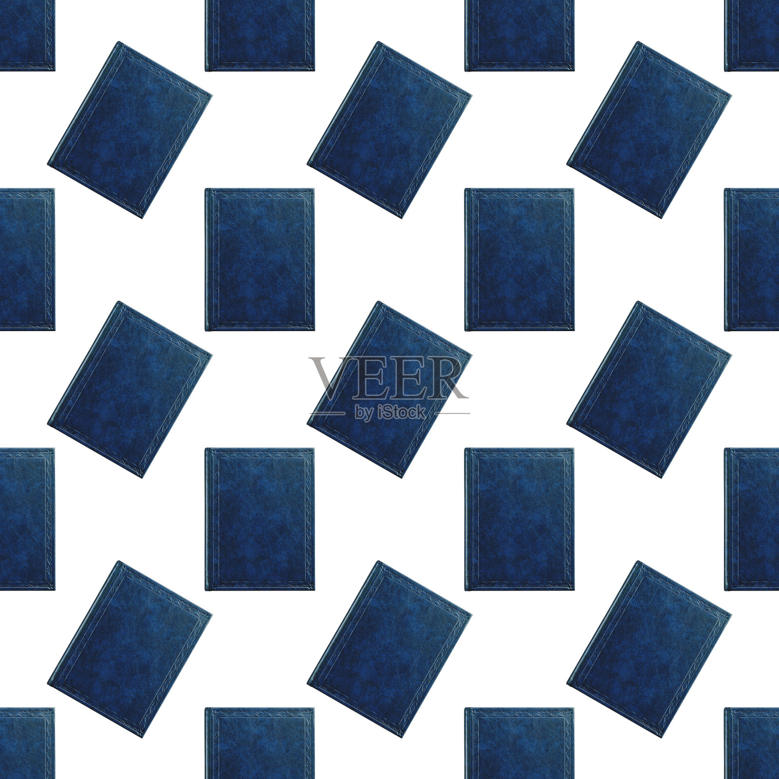 无缝模式的书与封面在蓝色孤立的白色背景，俯视图近照片摄影图片