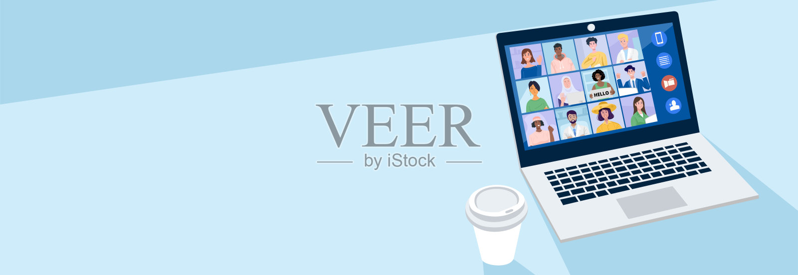 虚拟会议概念，人们在家里与同事进行视频会议。矢量图插画图片素材