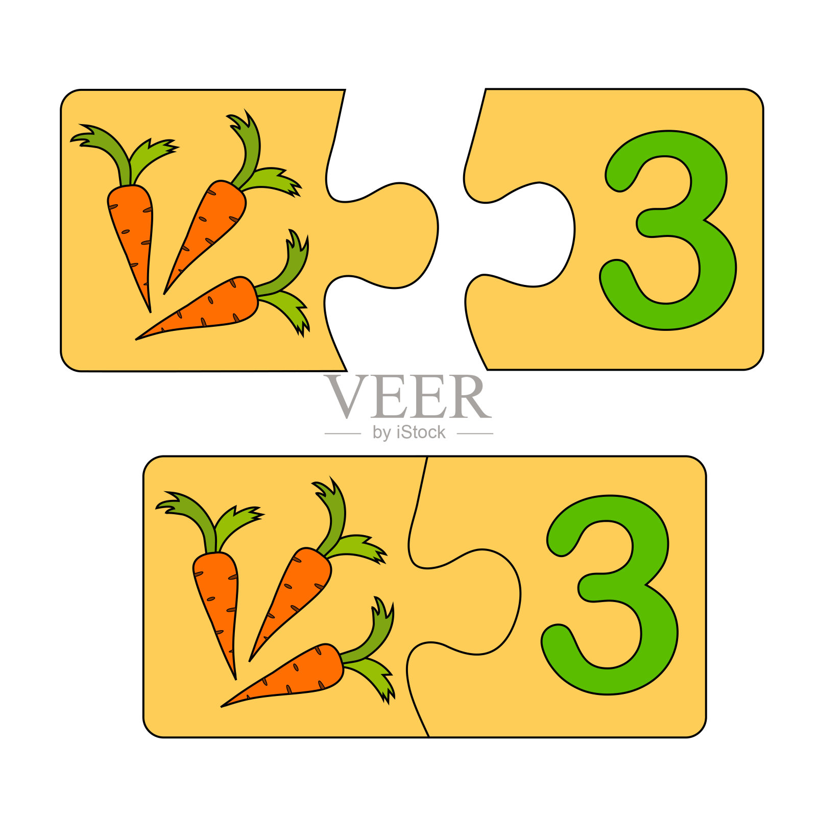 儿童教育游戏。为数字找到正确的图片。3号和胡萝卜的谜题。马赛克拼图游戏。类型数据插画图片素材