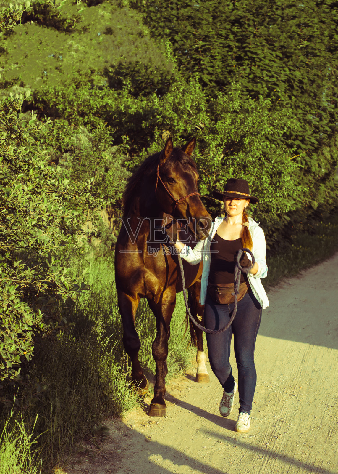 这个女孩和一匹马在公园里散步。照片摄影图片