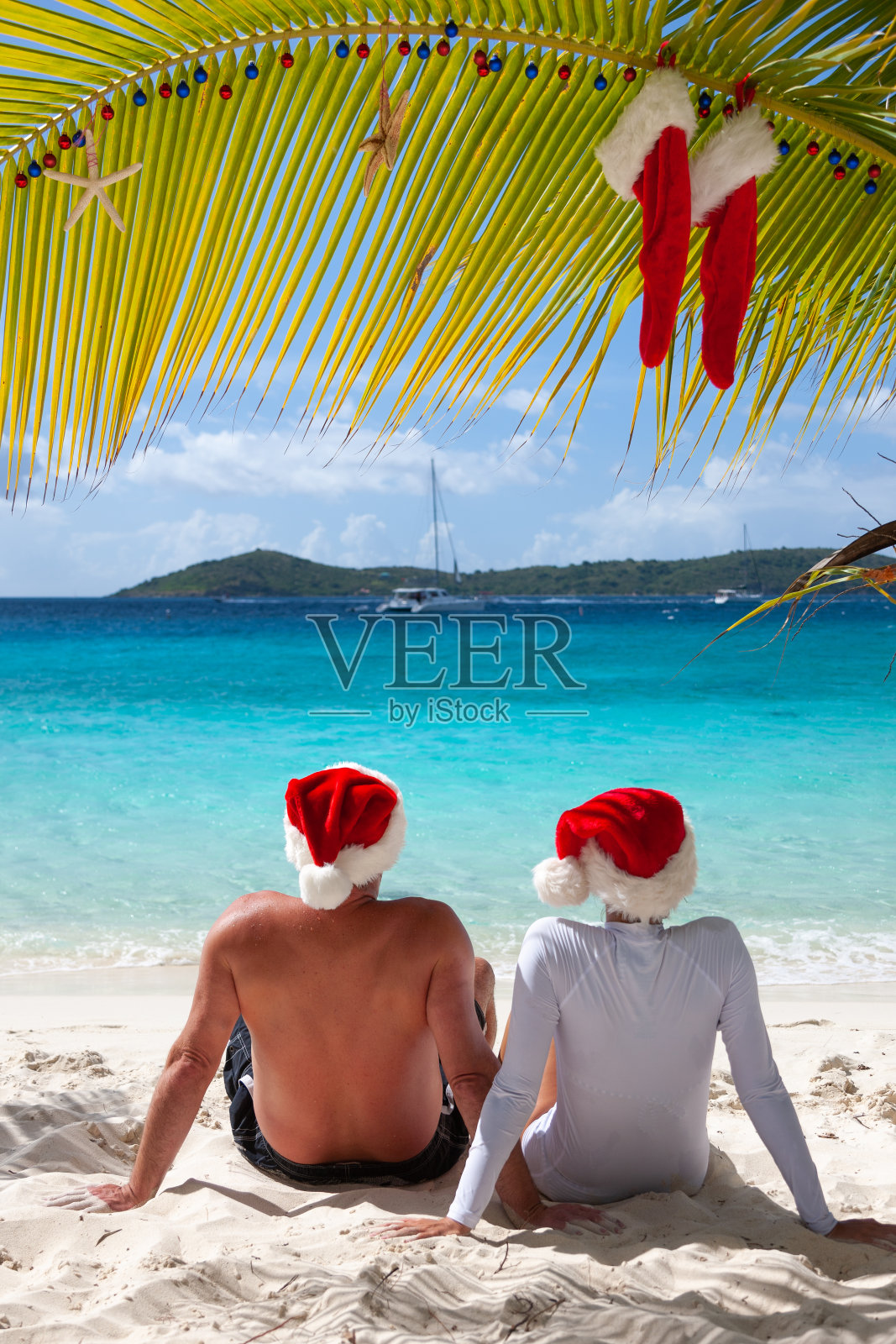 一对夫妇在热带海滩上一棵装饰过的棕榈树下戴着圣诞帽照片摄影图片