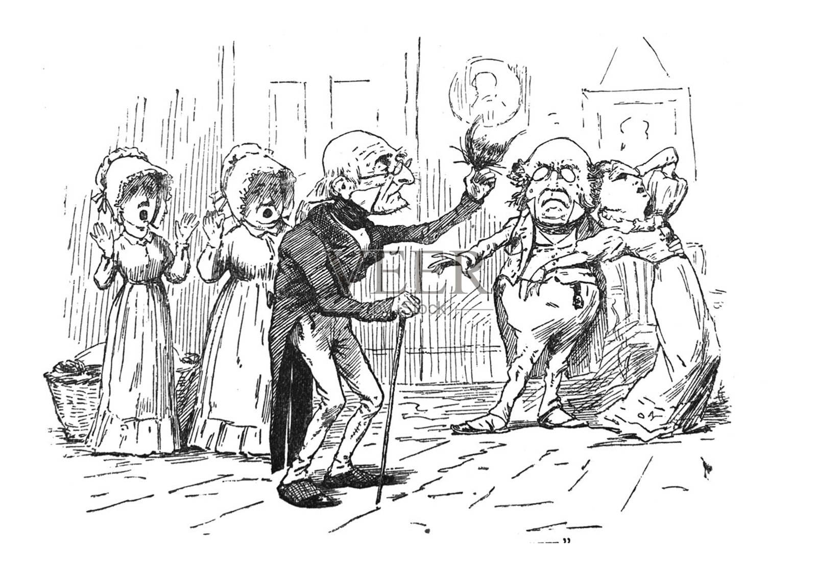 古董插图-女人昏倒在一个男人的怀里，一个年长的男人扯下他的发夹-家庭工作人员妇女看插画图片素材