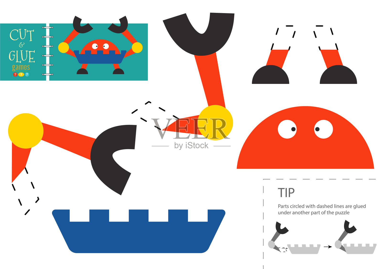 剪和胶水纸矢量玩具。有趣的机器人角色作为纸板切割模型插画图片素材