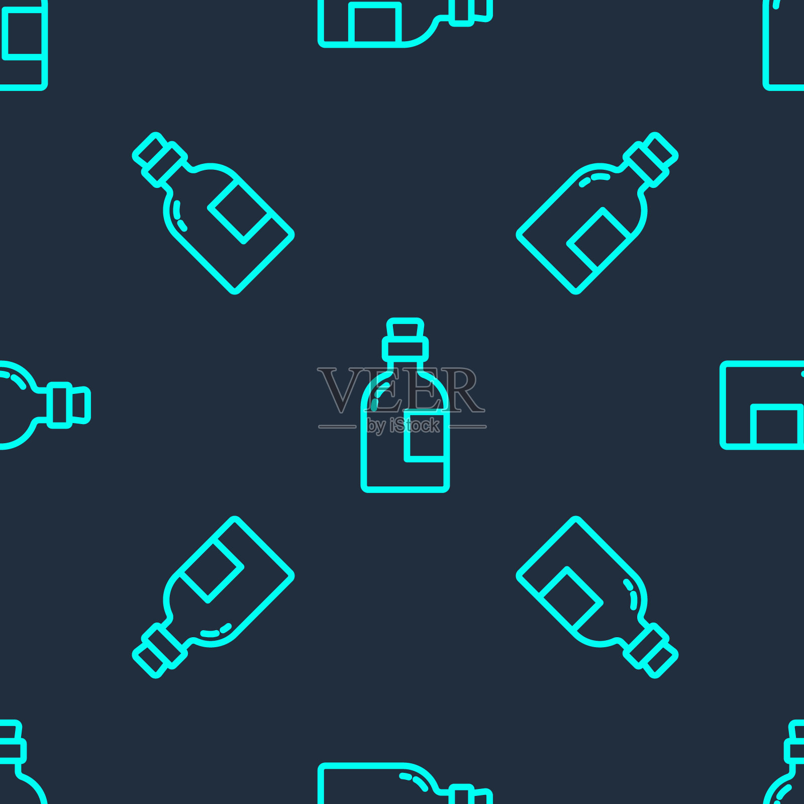 绿线酒精饮料朗姆酒瓶图标隔离无缝模式在蓝色背景。向量插画图片素材