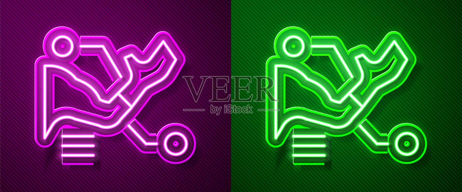 发光的霓虹灯线假肢手图标孤立在紫色和绿色的背景。仿生手臂，机器人机械手的未来概念。向量插画图片素材