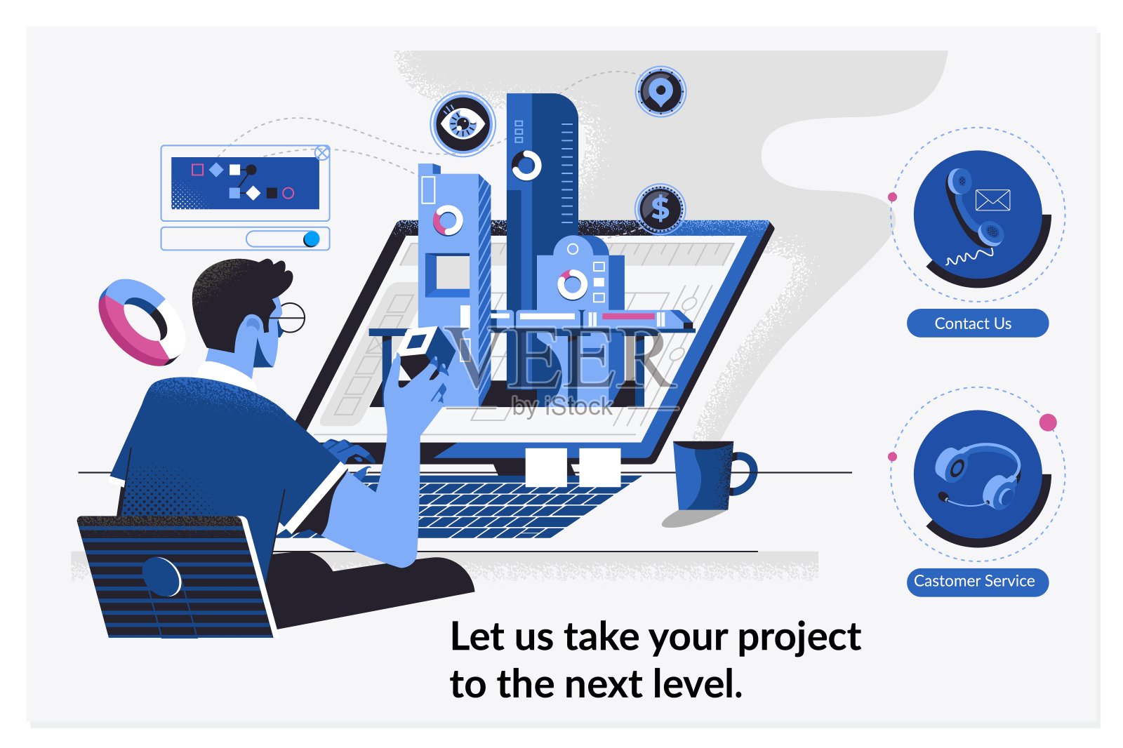 网页设计模板的工作水平的项目。开发人员正在开发一个新项目插画图片素材