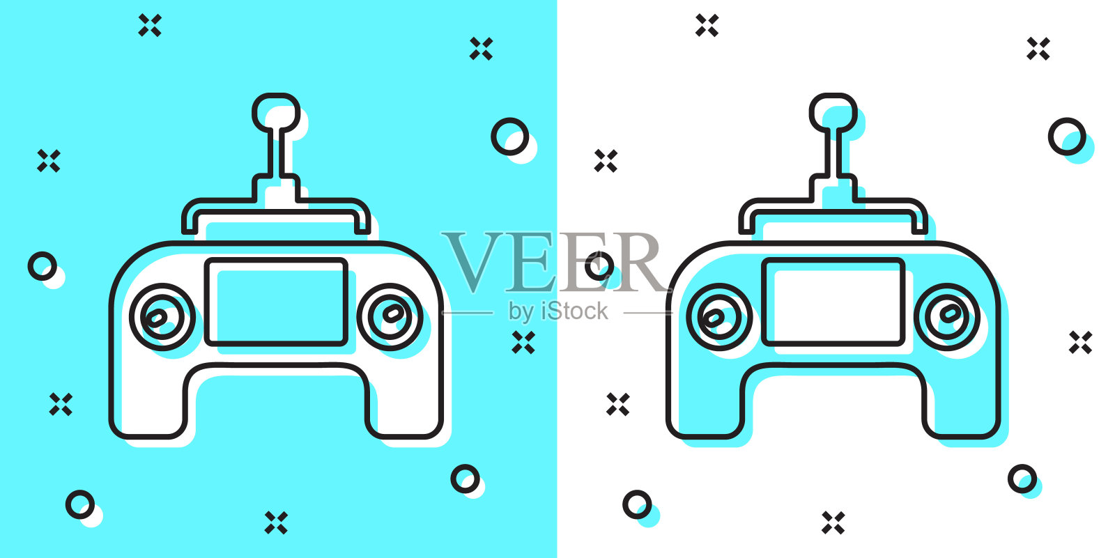 黑线无人机无线电遥控发射机图标隔离在绿色和白色背景。随机动态形状。向量插画图片素材