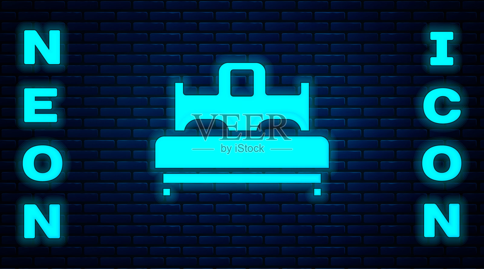 霓虹灯卧室图标孤立在砖墙背景上。婚礼，爱情，婚姻的象征。卧室创意图标从蜜月收集。向量插画图片素材