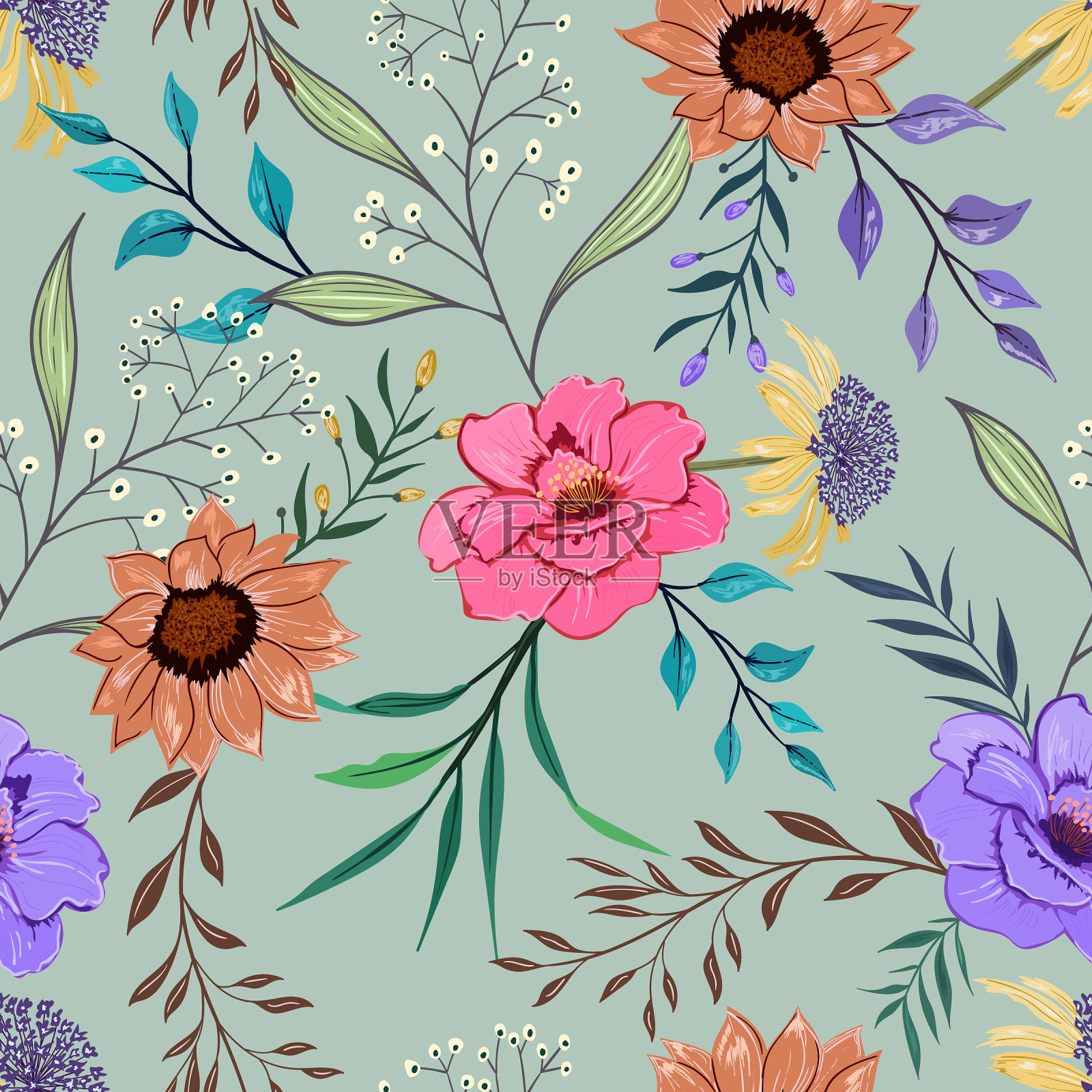 植物花卉无缝图案。插画图片素材