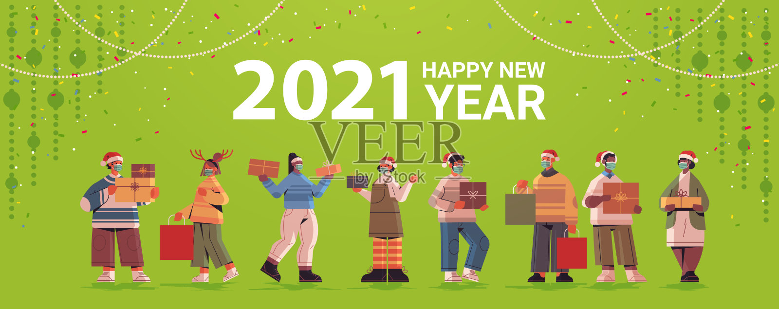 戴着圣诞帽、拿着礼物的人们庆祝2021年新年和圣诞节插画图片素材