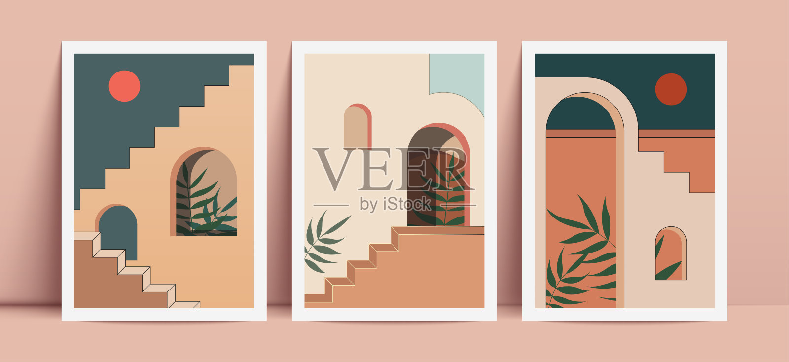 带有摩洛哥建筑元素的抽象版画。波西米亚风格的墙壁装饰。插画图片素材