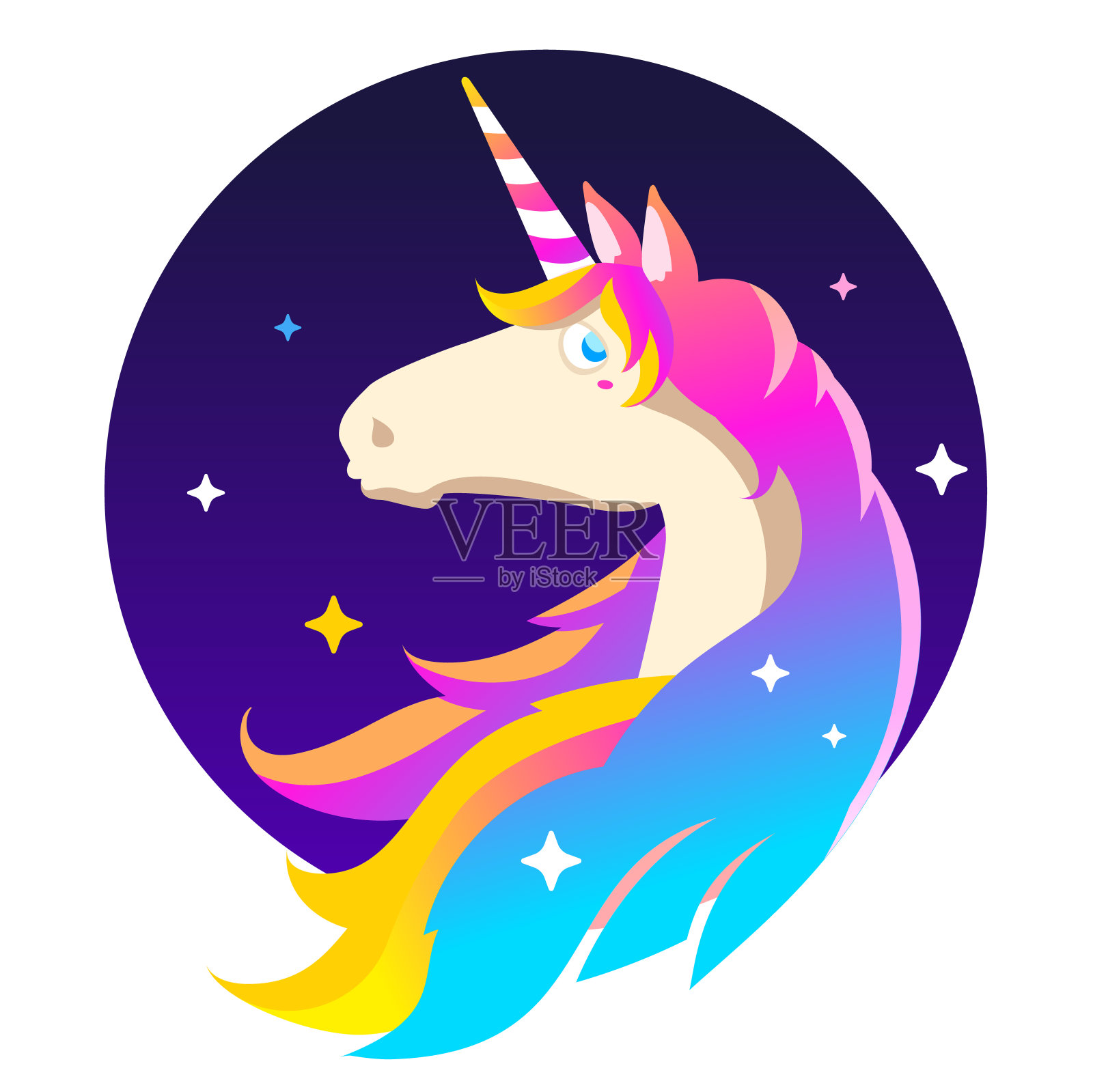 矢量平面风格插图的魔术独角兽的头与彩虹颜色鬃毛设计元素图片