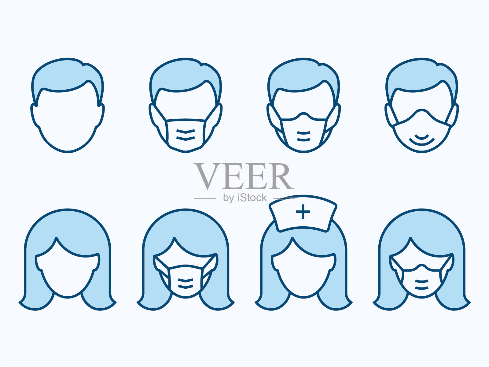 男人和女人在医用口罩平面线图标设置图标素材