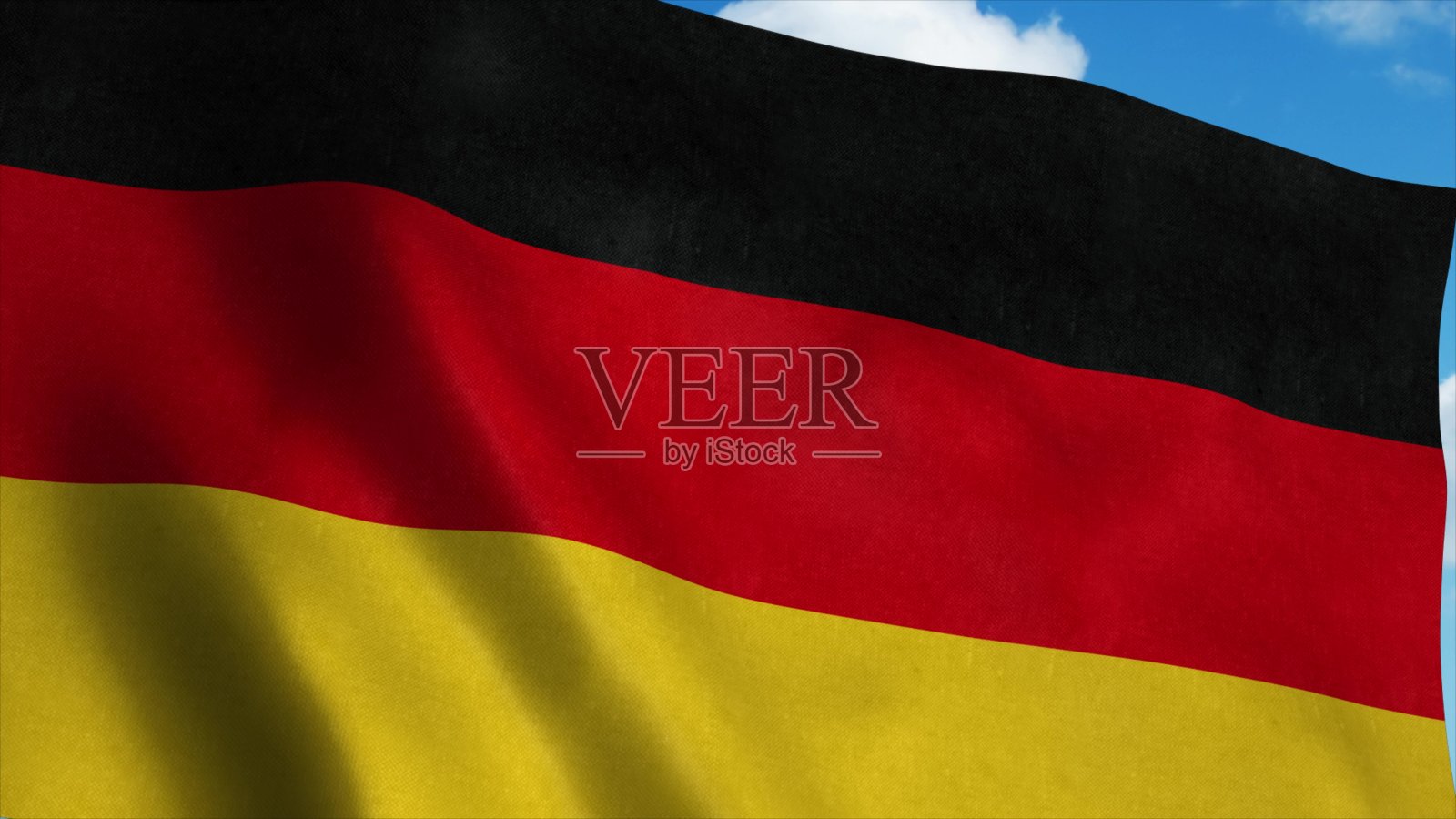 德国国旗在风中飘扬，蓝天为背景。三维渲染照片摄影图片