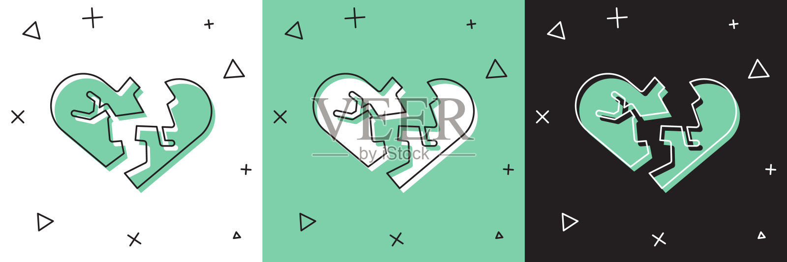 设置破碎的心或离婚图标孤立在白色和绿色，黑色的背景。爱的象征。情人节。向量插画图片素材