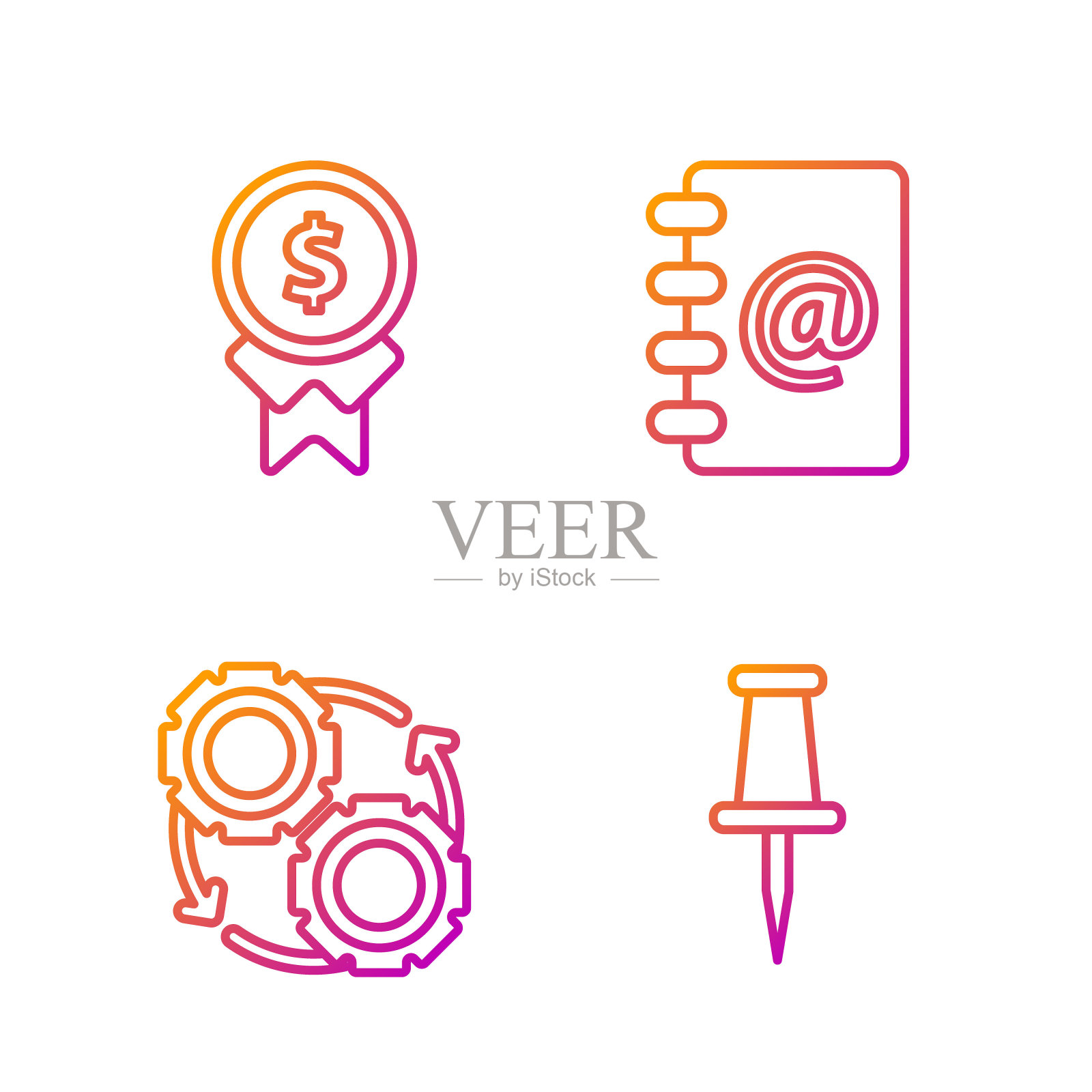 设置线推针，齿轮和箭头为工作流程概念，工作好奖励和通讯录。渐变颜色图标。向量图标素材