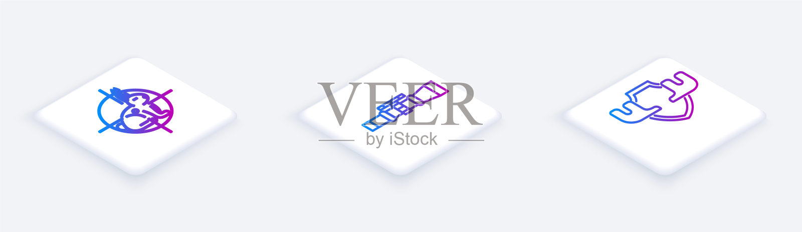 用十字准星、狙击瞄准器和盾牌上的驼鹿角在兔子身上设置等距线狩猎。白色正方形按钮。向量图标素材