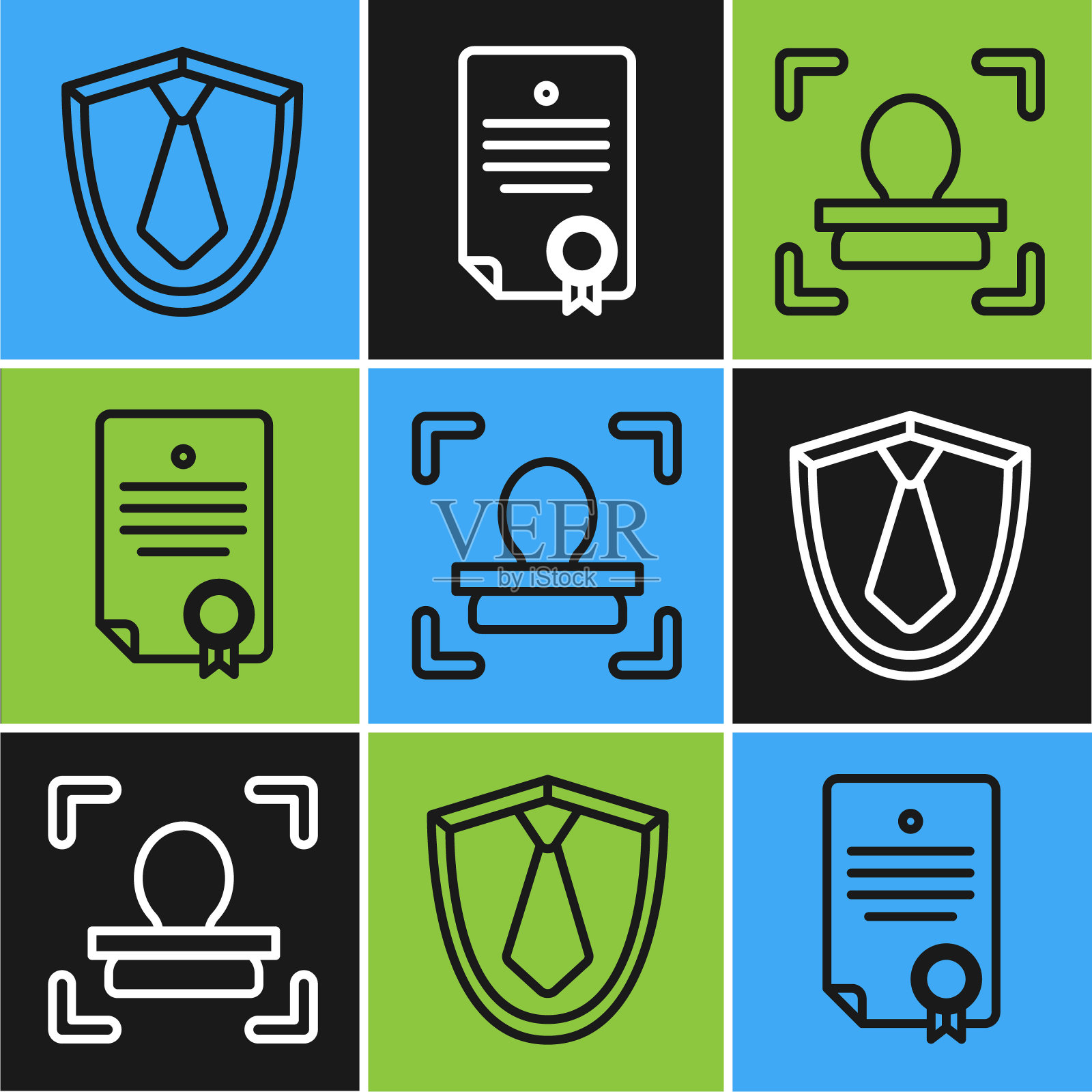 设置线领带，人脸识别和证书模板图标。向量插画图片素材