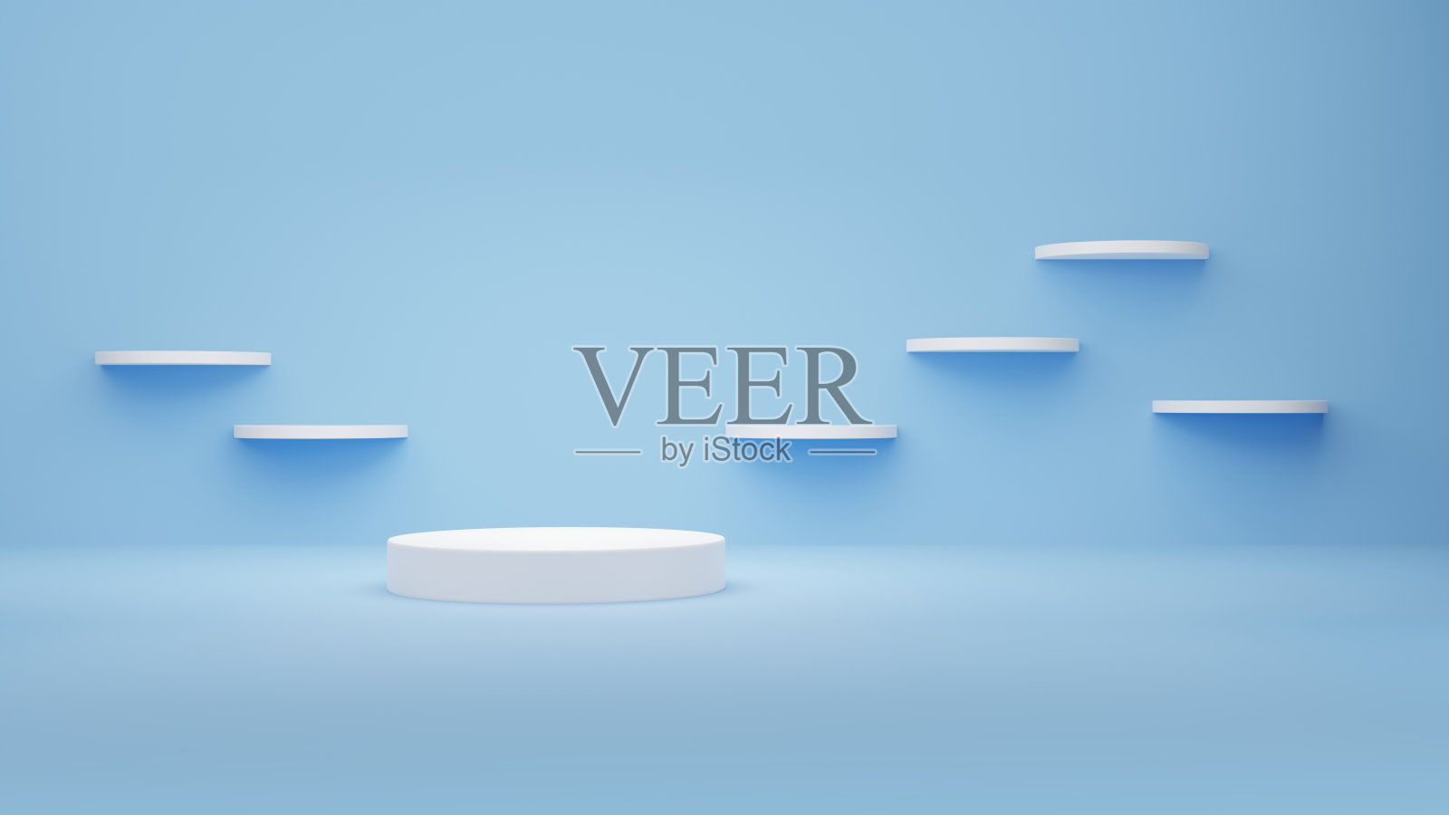 几何形状的白色平台平台模型用于产品展示或品牌在最小的粉彩蓝色墙壁场景工作室背景，3d渲染照片摄影图片