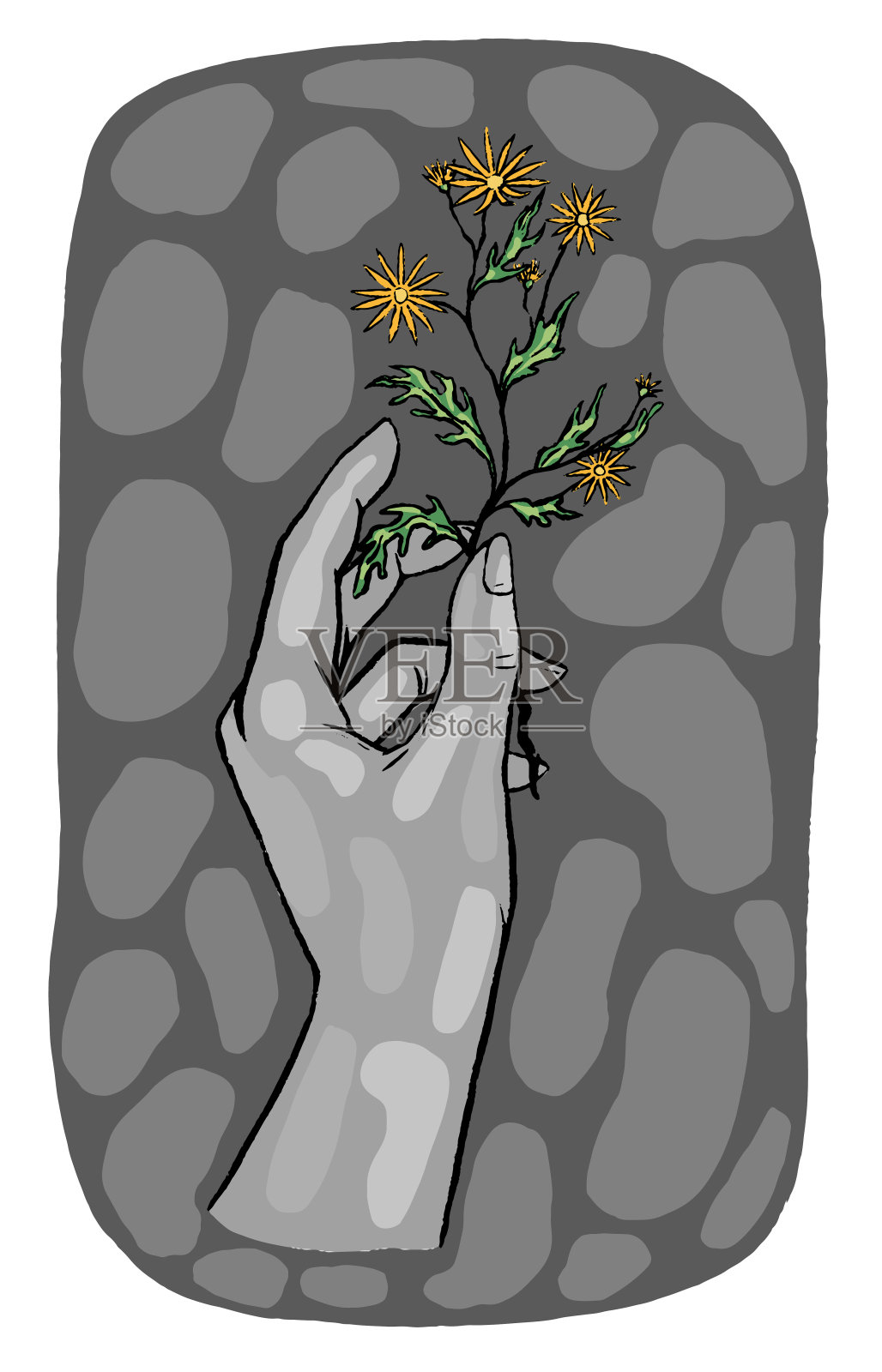 手绘矢量插图。石头手里拿着一朵花。植物在人类手中。人与自然的概念。复古生态海报孤立在白色。设计横幅、印刷品、明信片、t恤等。插画图片素材