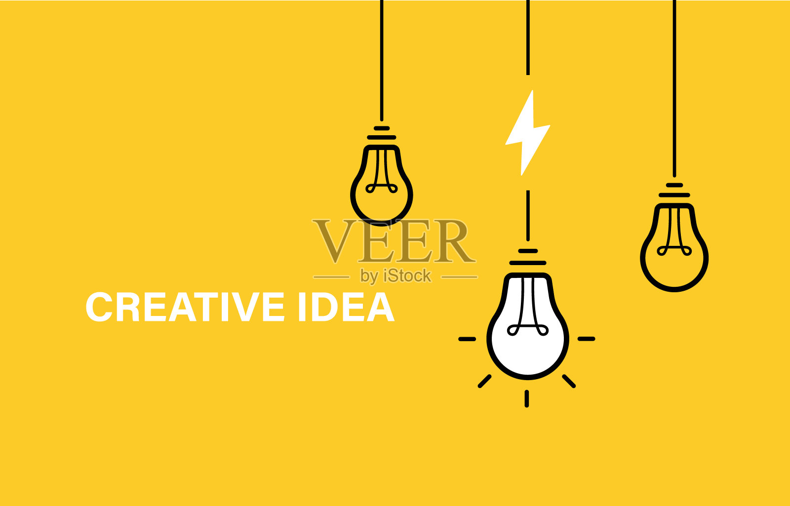 有创意的想法。”上面挂着一套灯泡。带有电缆和闪电螺栓的灯泡。illlustration向量插画图片素材