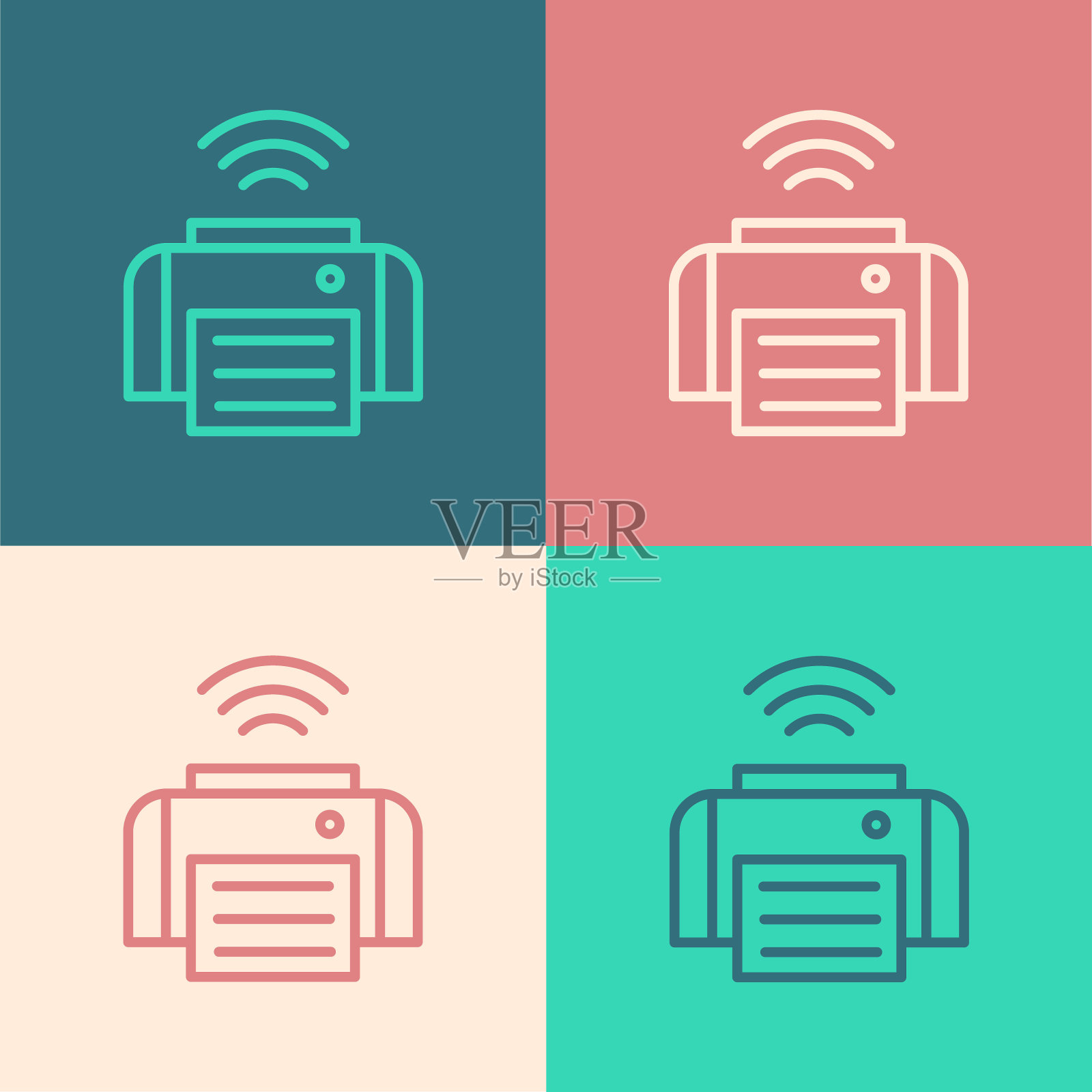 波普艺术线智能打印机系统图标孤立的颜色背景。物联网概念与无线连接。向量图标素材