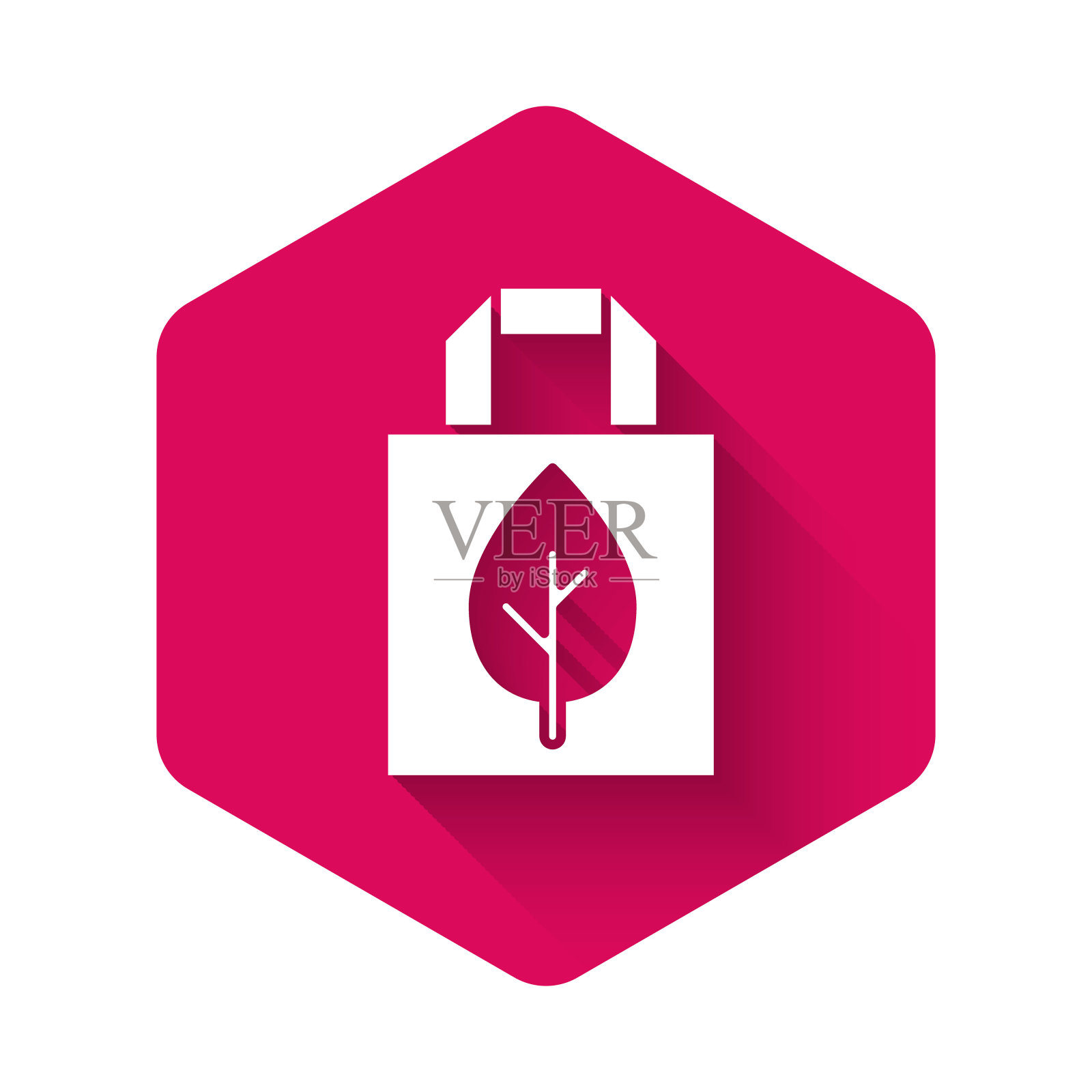 白色的纸购物袋与循环图标孤立与长影子。有回收标志的袋子。粉红色的六角按钮。向量插画图片素材