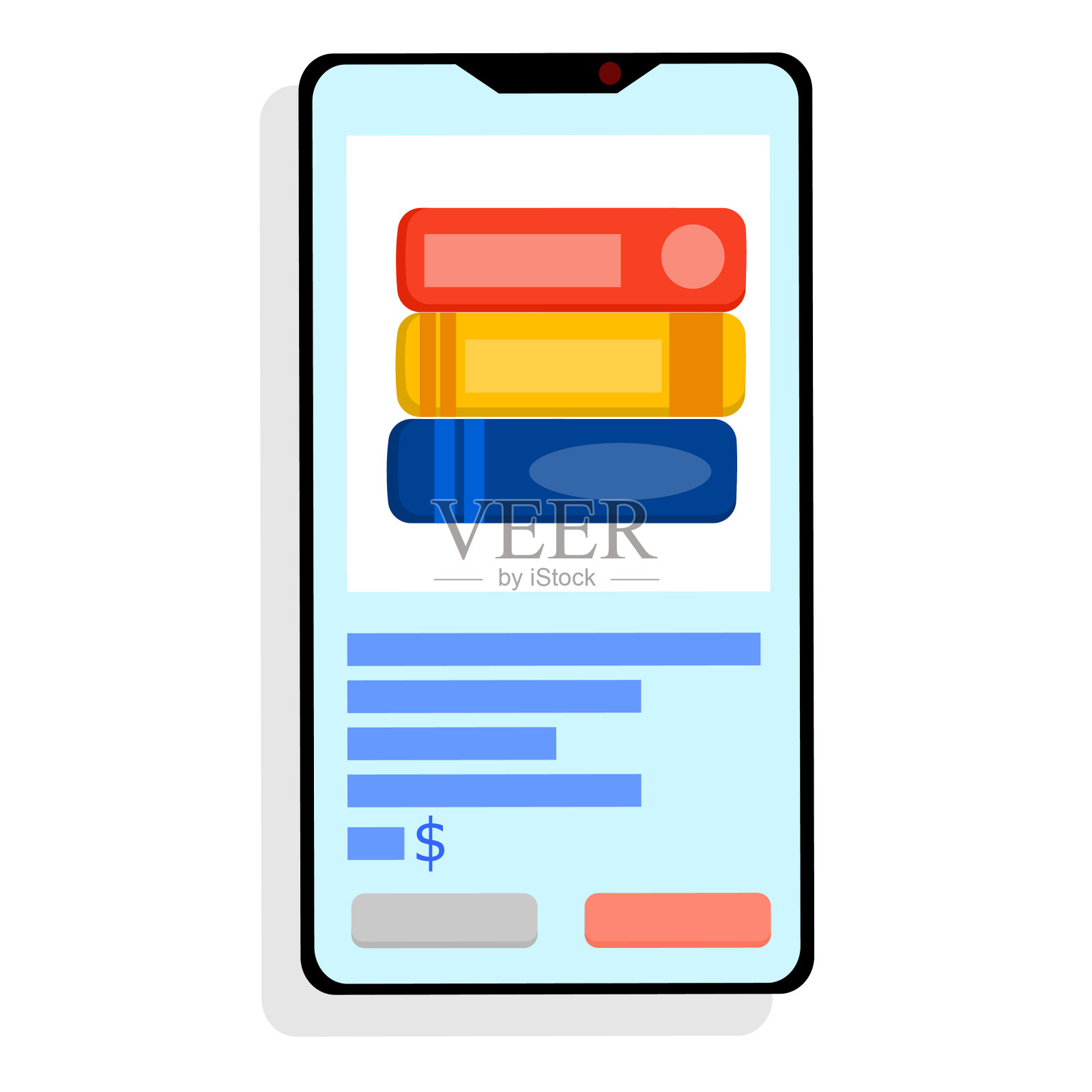 在网上买书，白色背景的智能手机。手机配一堆书，网上购物。远程购物。矢量插图在平面风格..插画图片素材