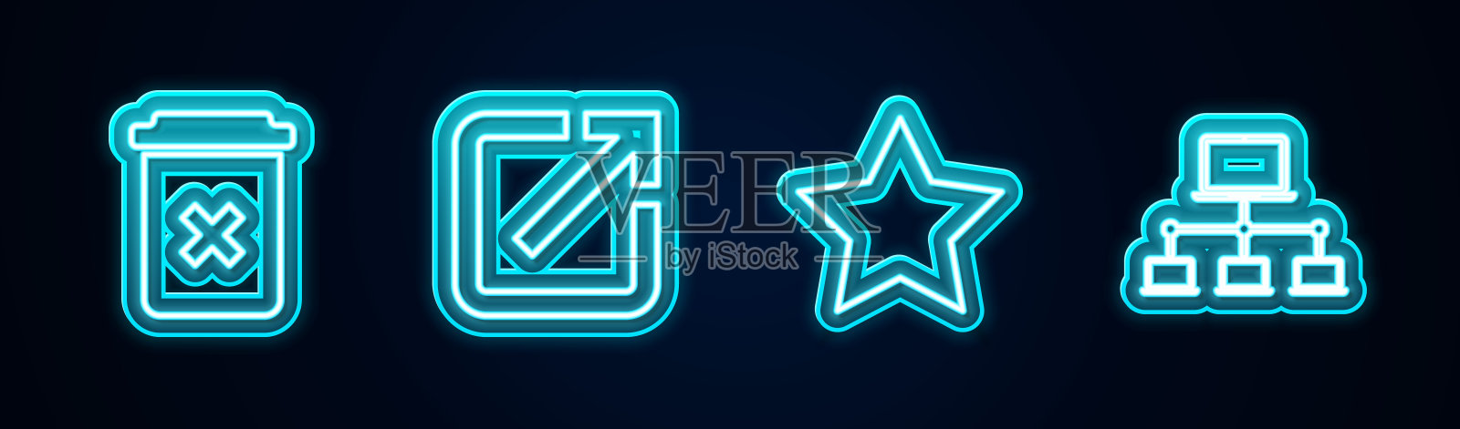 设置行垃圾桶，在新窗口打开，星号和计算机网络。发光的霓虹灯图标。向量图标素材