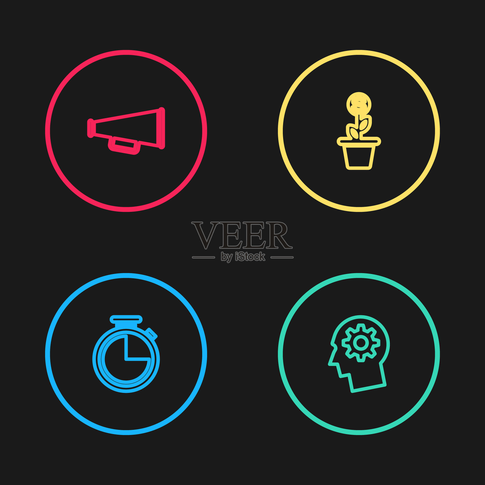 设秒表线，人的头与齿轮内，美元种植锅和扩音器图标。向量图标素材