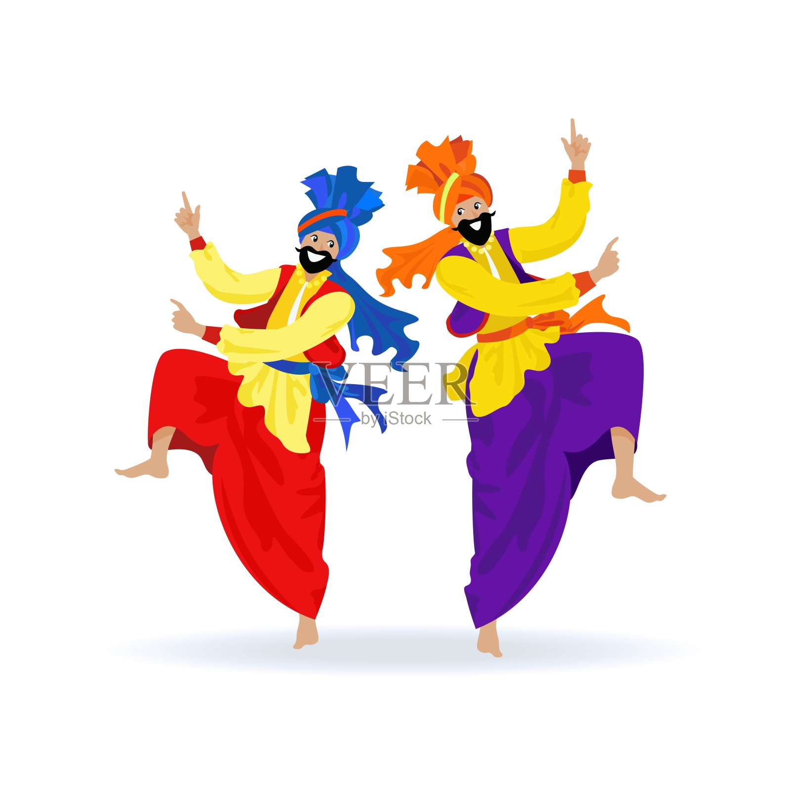 两个快乐的长着胡子的锡克教男子戴着头巾，穿着五颜六色的衣服，在印度节日Lohri上跳着传统的班格拉舞。卡通平面插图在白色背景的旗帜，海报，卡片插画图片素材