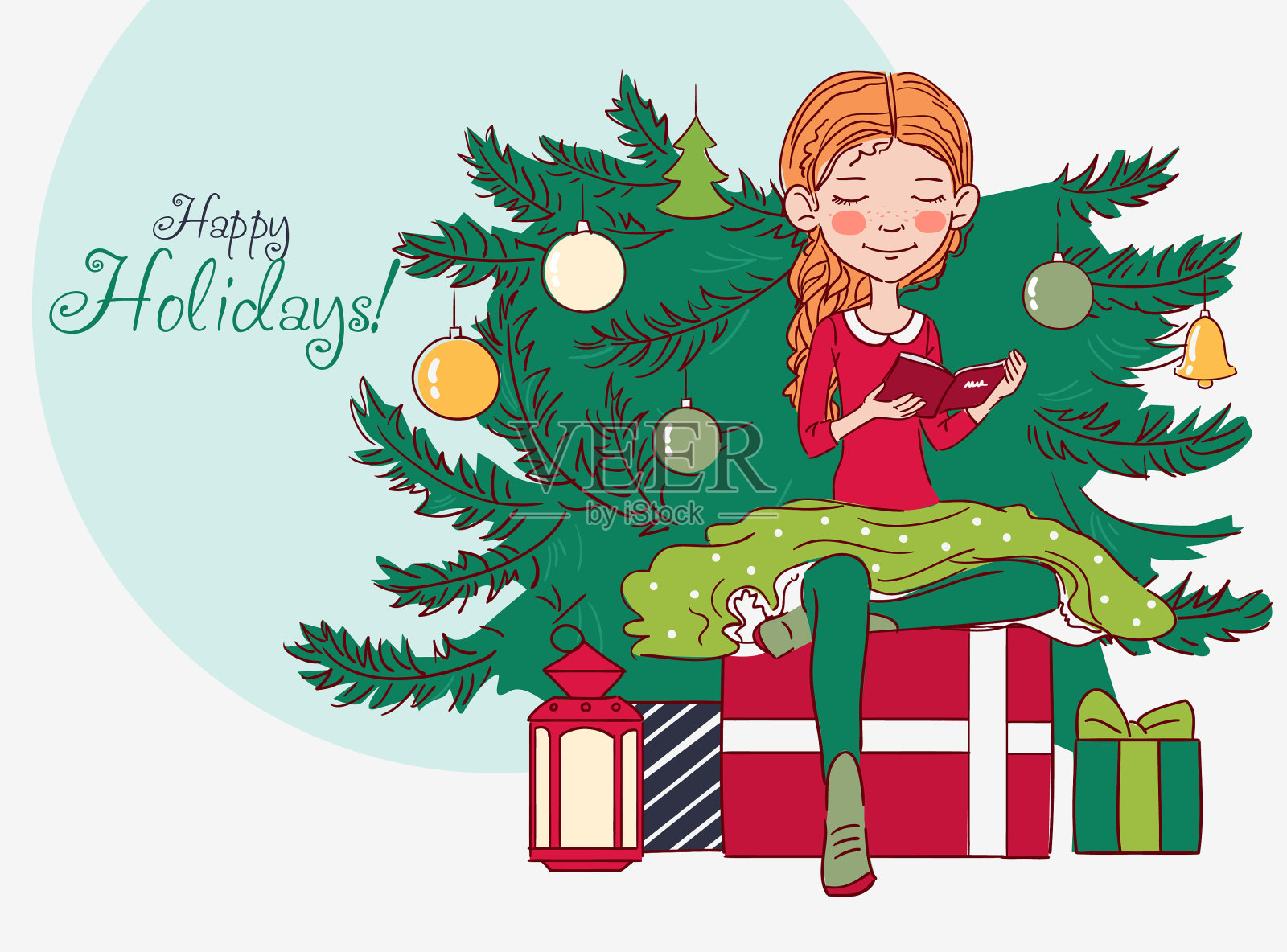 可爱的女孩在看书。圣诞树和礼物。圣诞矢量插图在明亮的颜色插画图片素材