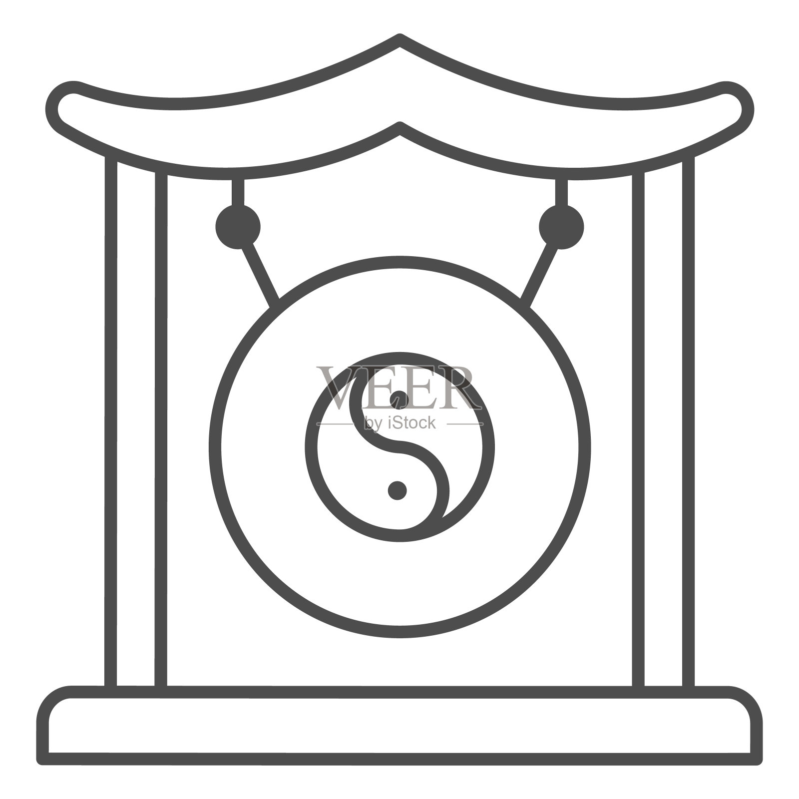 中国锣细线图标，中国中秋节概念，亚洲乐器标志在白色的背景，传统的中国锣轮廓风格。矢量图形。插画图片素材