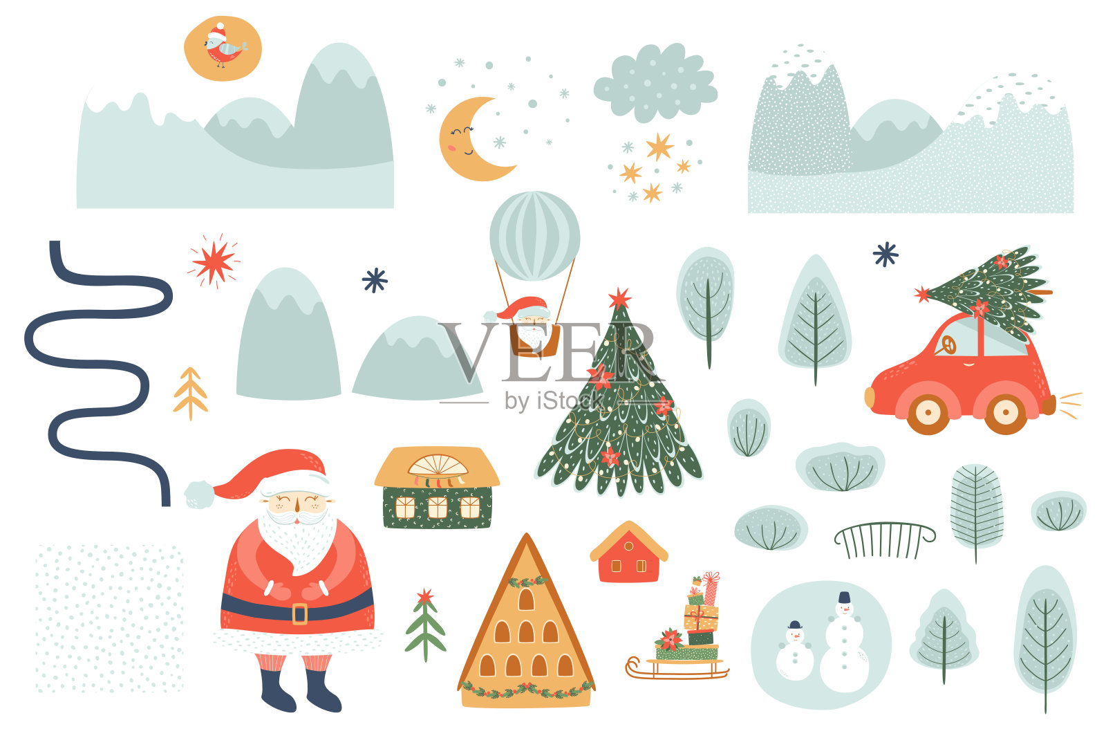 冬季手绘景观创造者。圣诞景观元素设置。户外剪纸艺术。房子,山脉,树木设计元素图片