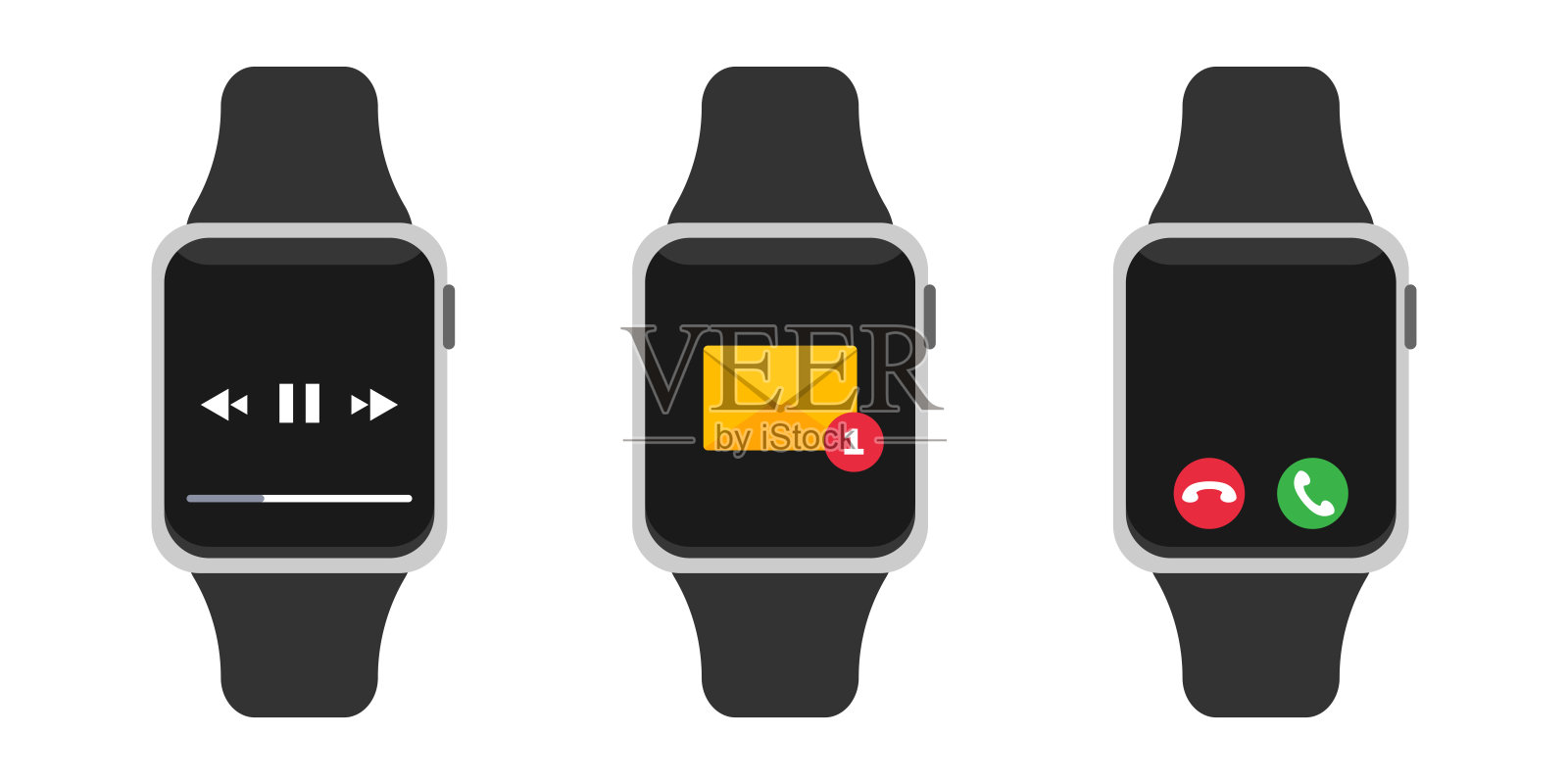 Smartwatch插图。设备屏幕与消息通知，呼叫按钮和音乐播放器。向量集孤立在白色上插画图片素材