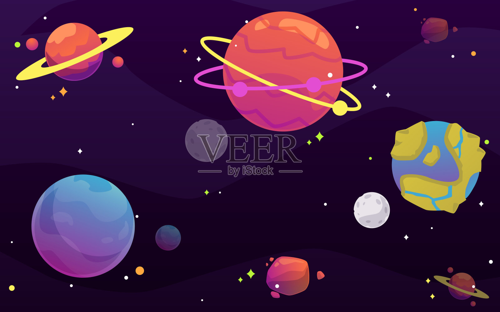 奇异的外星行星在一个空间背景矢量卡通平面插图插画图片素材