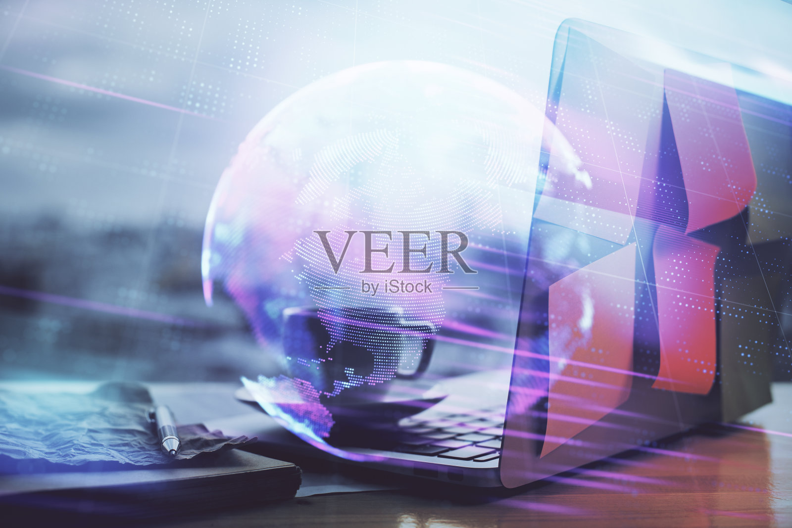 电脑在办公室的桌面与技术主题全息图。多接触。技术的概念。照片摄影图片