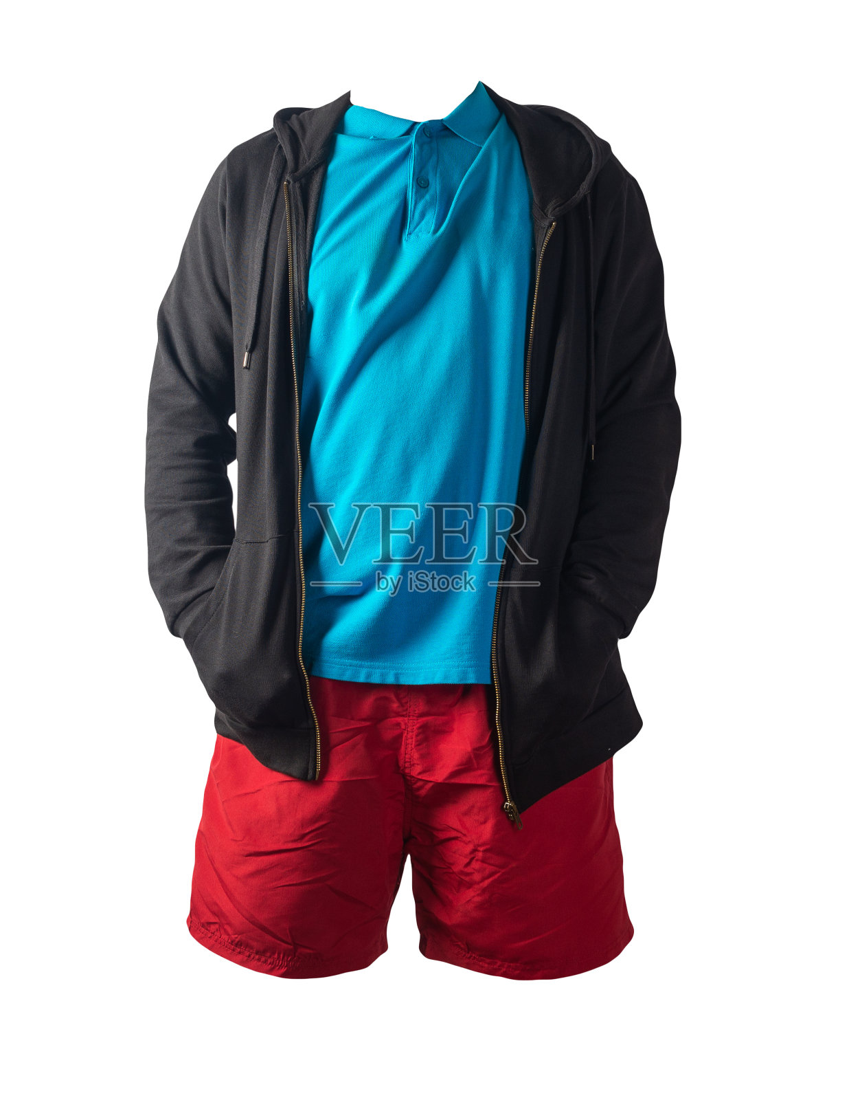 运动衫与铁拉链帽衫，马球衫和运动短裤孤立的白色背景。休闲运动服装照片摄影图片