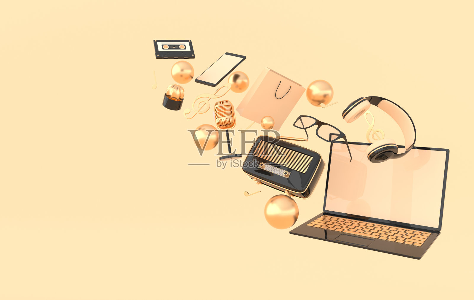 笔记本电脑，智能手机，购物袋，眼镜，麦克风，收音机，耳机3d渲染。远程工作、呆在家里、休闲和爱好上的隔离象征照片摄影图片