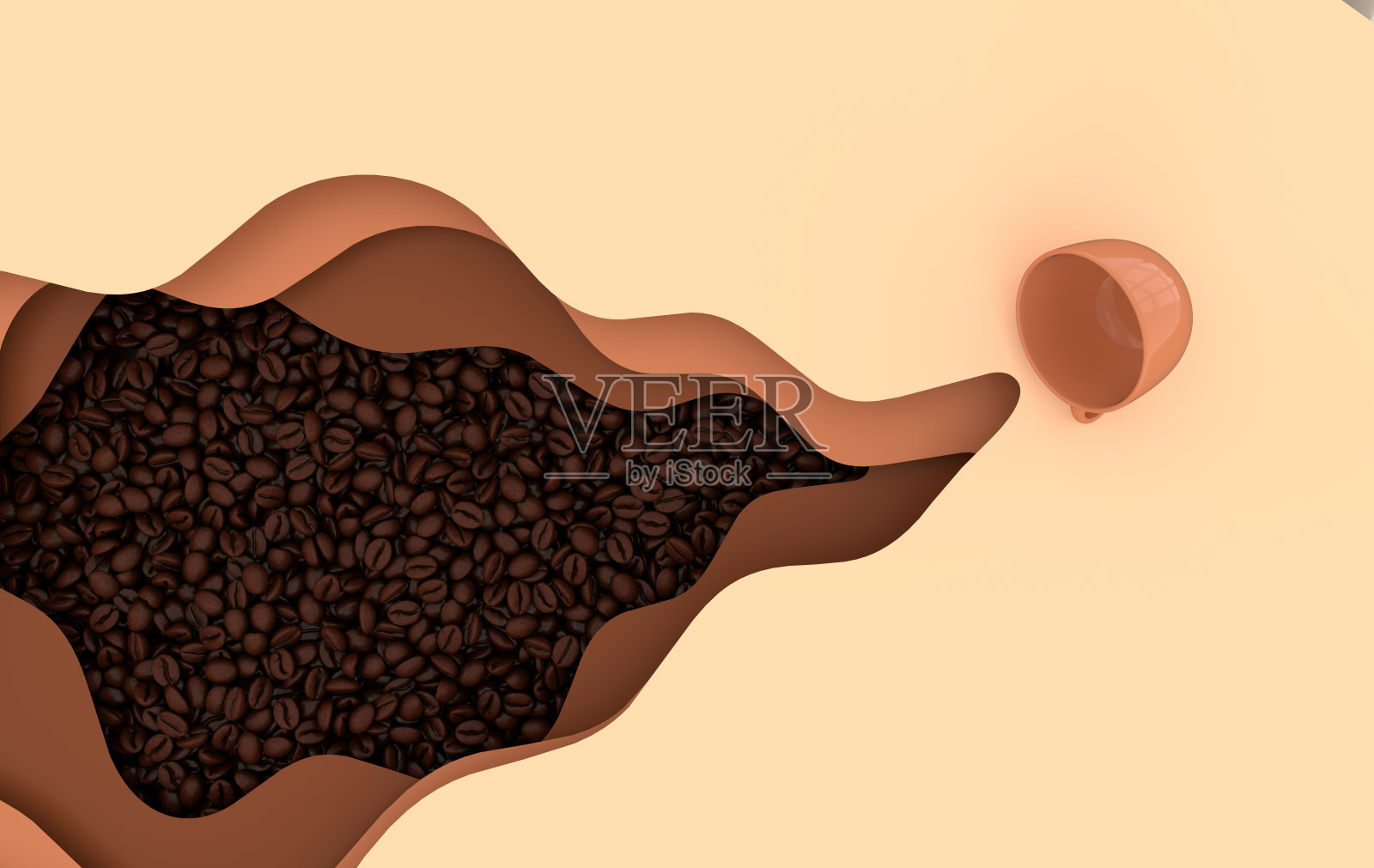 深色现烤咖啡豆3d渲染背景。大量逼真的咖啡豆近距离观察。波浪纸，折纸艺术，杯子照片摄影图片