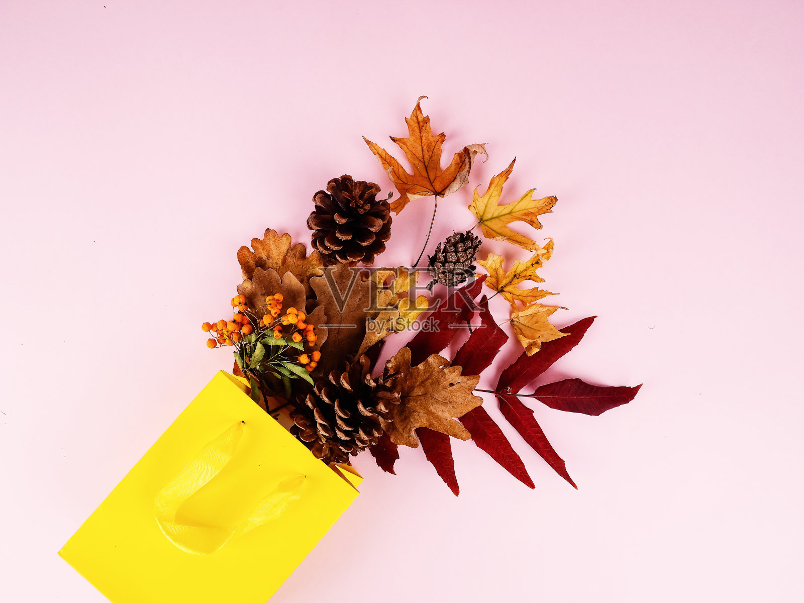 秋天的概念，纸袋与秋天的干花和树叶在粉红色的背景。照片摄影图片