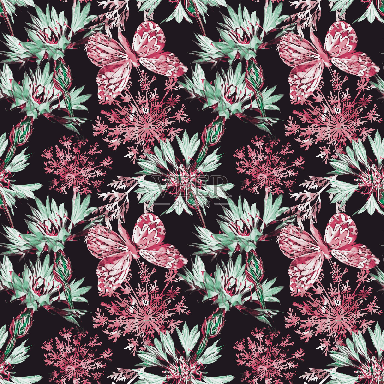 矢车菊与蝴蝶虫无缝图案。插画图片素材