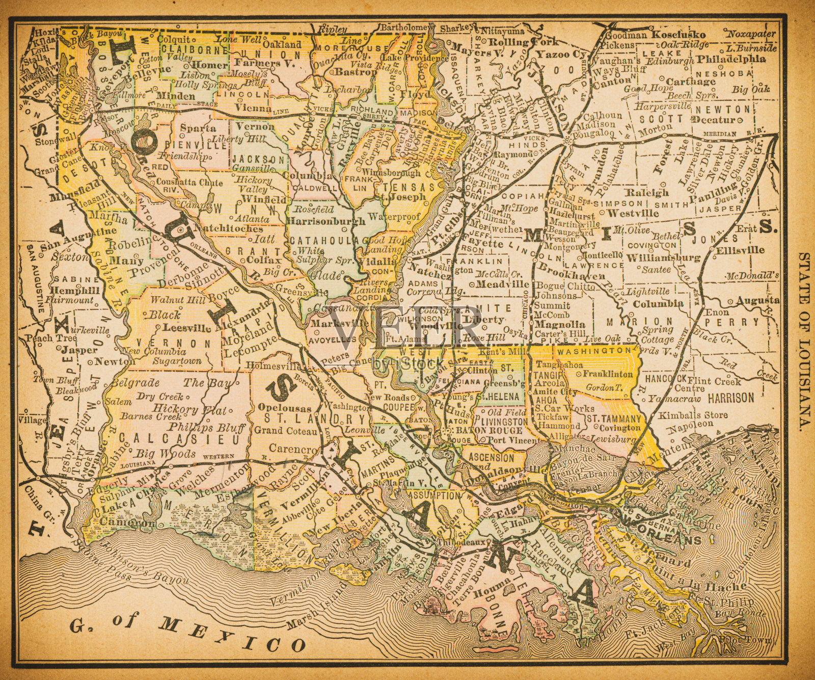 19世纪的路易斯安那州地图插画图片素材